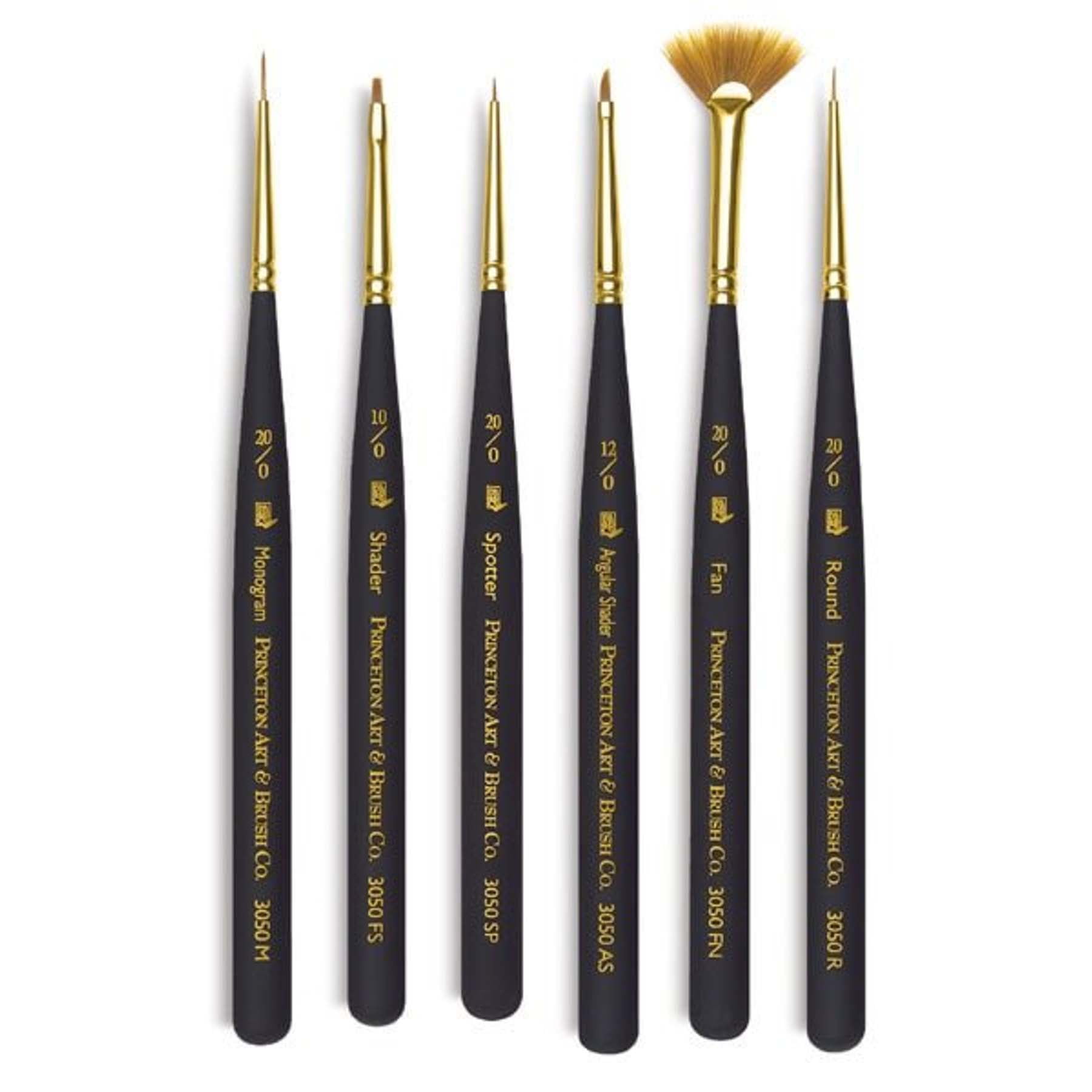 Princeton Mini-Detailer Brush Set, Synthetic Bristles, Short Handle Mixed Media Paintbrush, Black, 6 Pieces