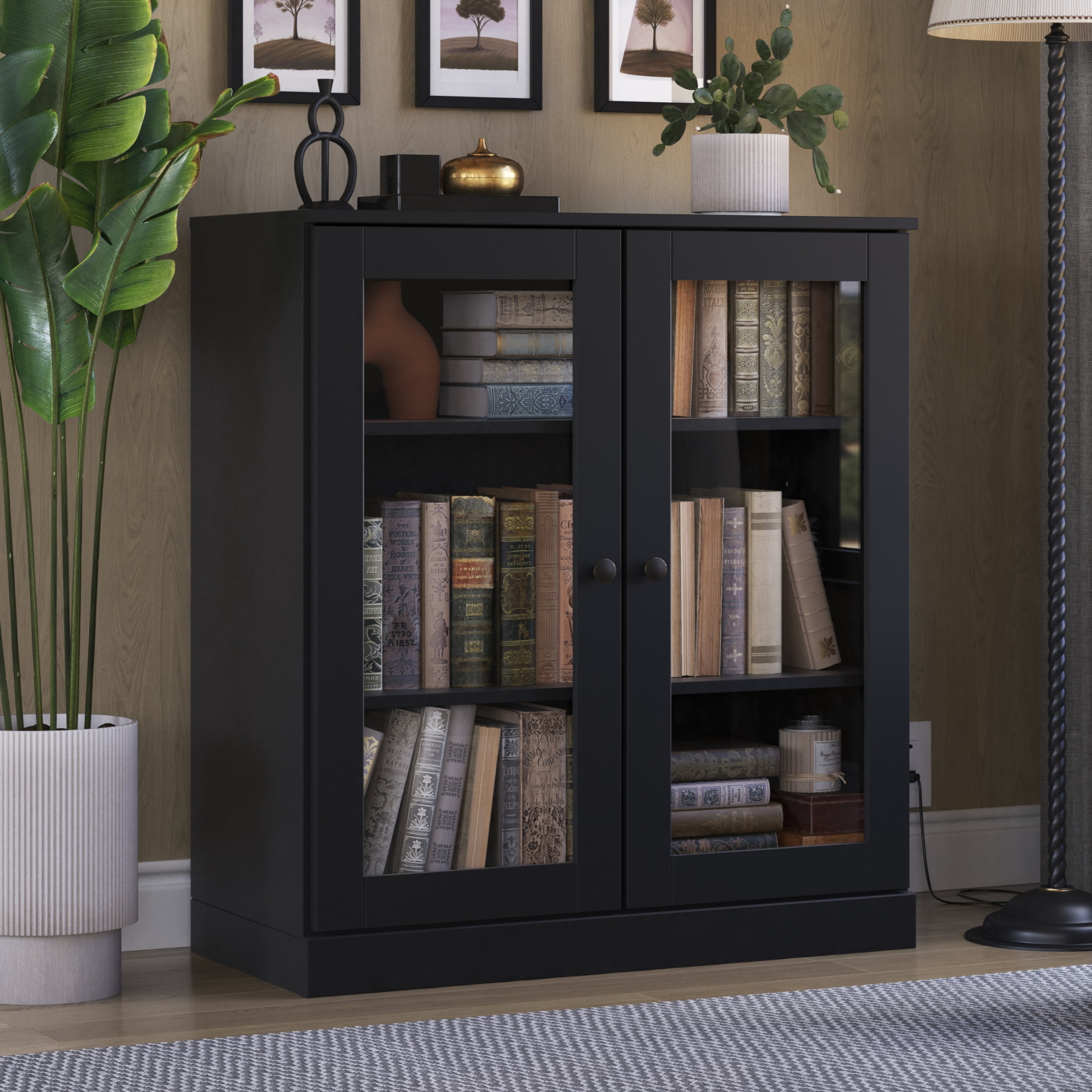 Palace Imports 100% Solid Wood 3-shelf Bookcase with Adjustable Shelves and Glass Doors, Black