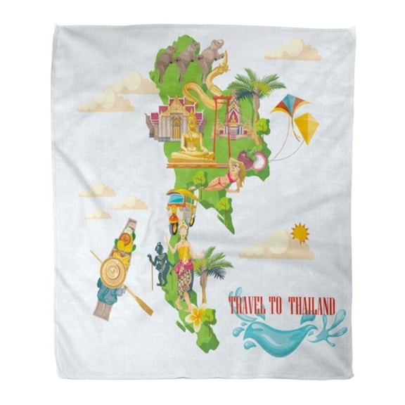 SIDONKU Flannel Throw Blanket Bangkok Map Travel Thailand Landmarks Thai Vacations Ethnic Ayuttaya Soft for Bed Sofa and Couch 50x60 Inches
