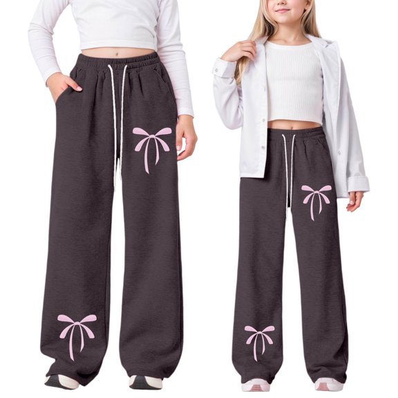 YUEHUA Girl's Wide Leg High Waist Sweatpants Bowknot Extra Long Baggy Track Pants Trousers with Pockets for Teen Kid Girls, 15-16 Years