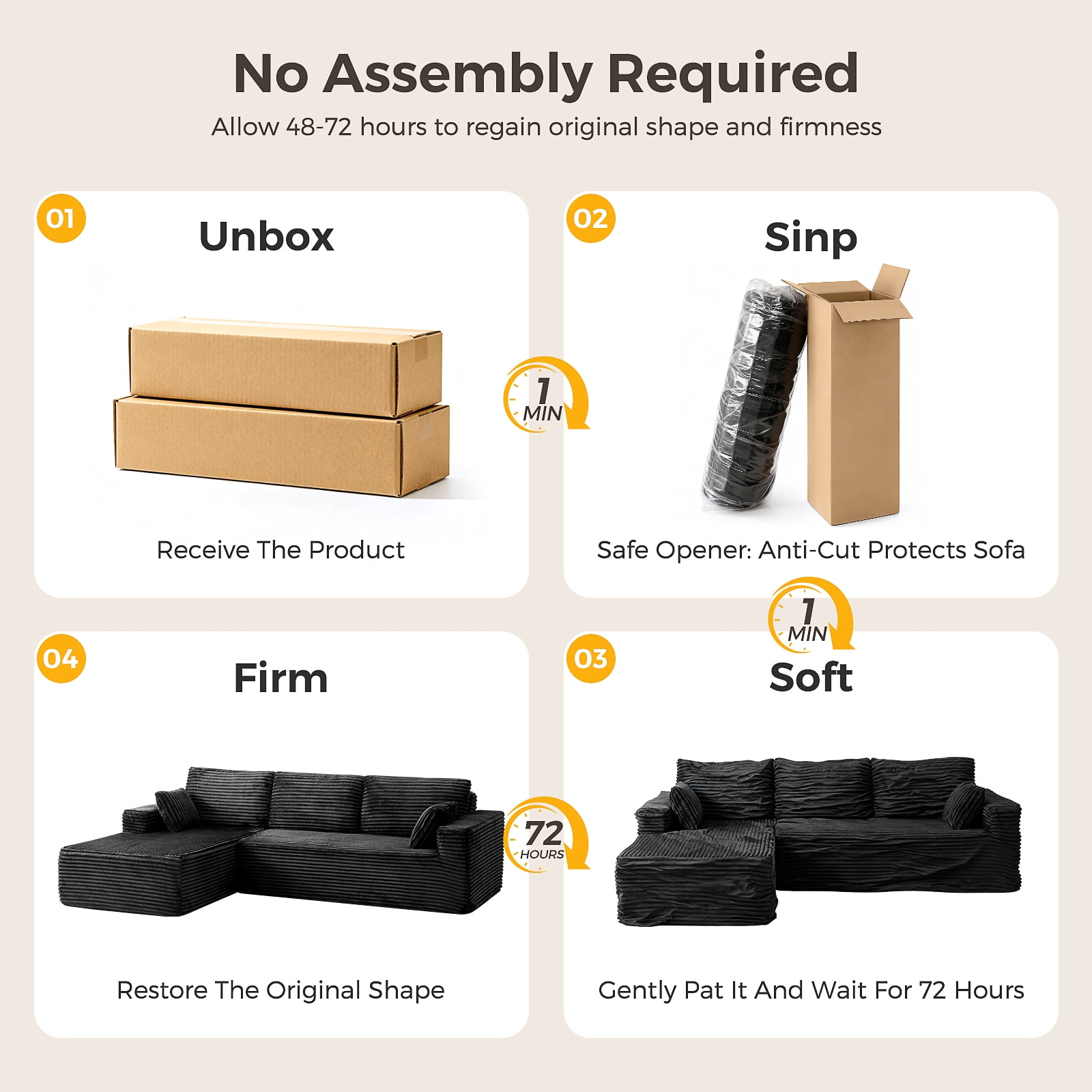 106” Sectional Couch with Chaise, Cloud Boneless Couches Flannel Plush with Deep Seat, L-Shaped Compressed Modular Sofa with Cushions for Living Room, Small Space, Black