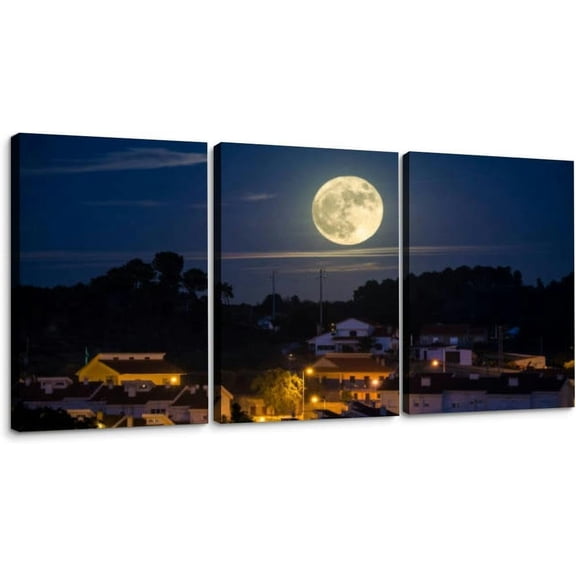 Moonrise the city 3 Piece Canvas Wall Art for Living Room Bedroom Office Framed Prints Pictures Painting Wall Decor Artwork for Walls Set of 3