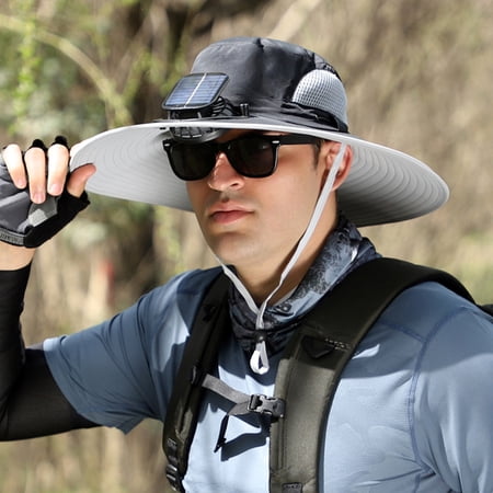 Joernso Men Outdoor Hat with Detachable Solar Fan Large Brim Windproof Strap USB Charging Anti-UV Sunlight Protection Hollow Mesh Great Breathability Fishing Camping Travel Cap