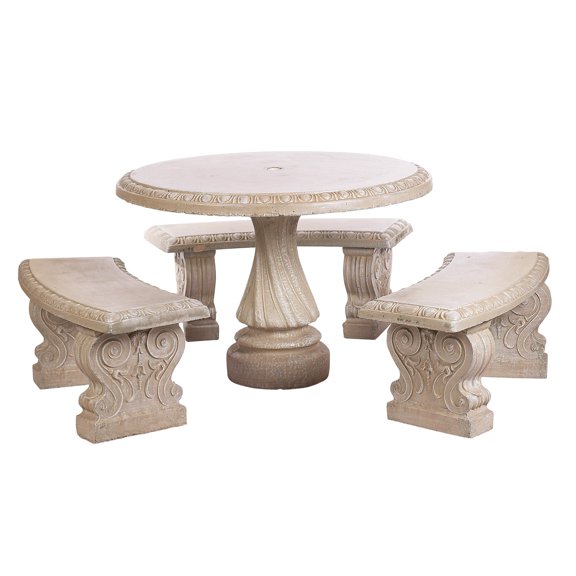 Solid Rock Stoneworks Round Concrete Patio Table Set – Includes 3 Curved Benches – Outdoor Stone Dining Set – Handcrafted All-Weather Concrete Furniture – Made in USA