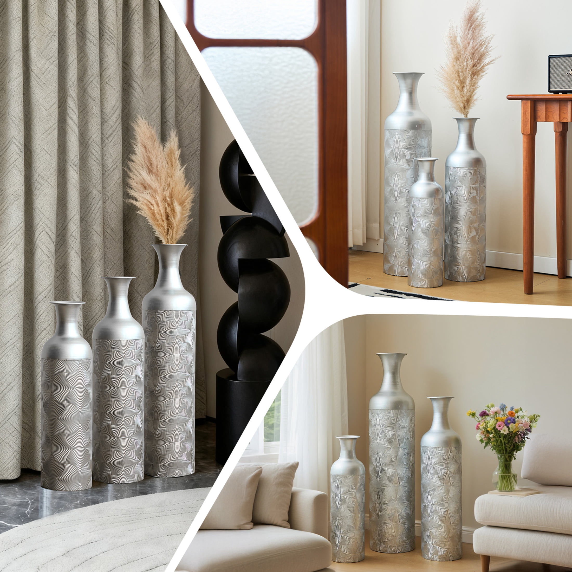 Noble House 3-Piece Metal Floor Vase Set, 32.68", 25.98", 19.69" Decorative Vases with Wave Pattern, Silver