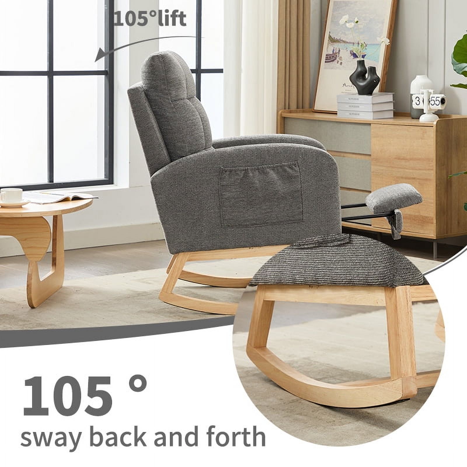 New Nursery Rocking Chair Upholstered Glider Rocker with PP Pillow & Rubber Wood Frame Modern Single Rocking Armchair for Bedroom, Living Room, Balcony, Offices