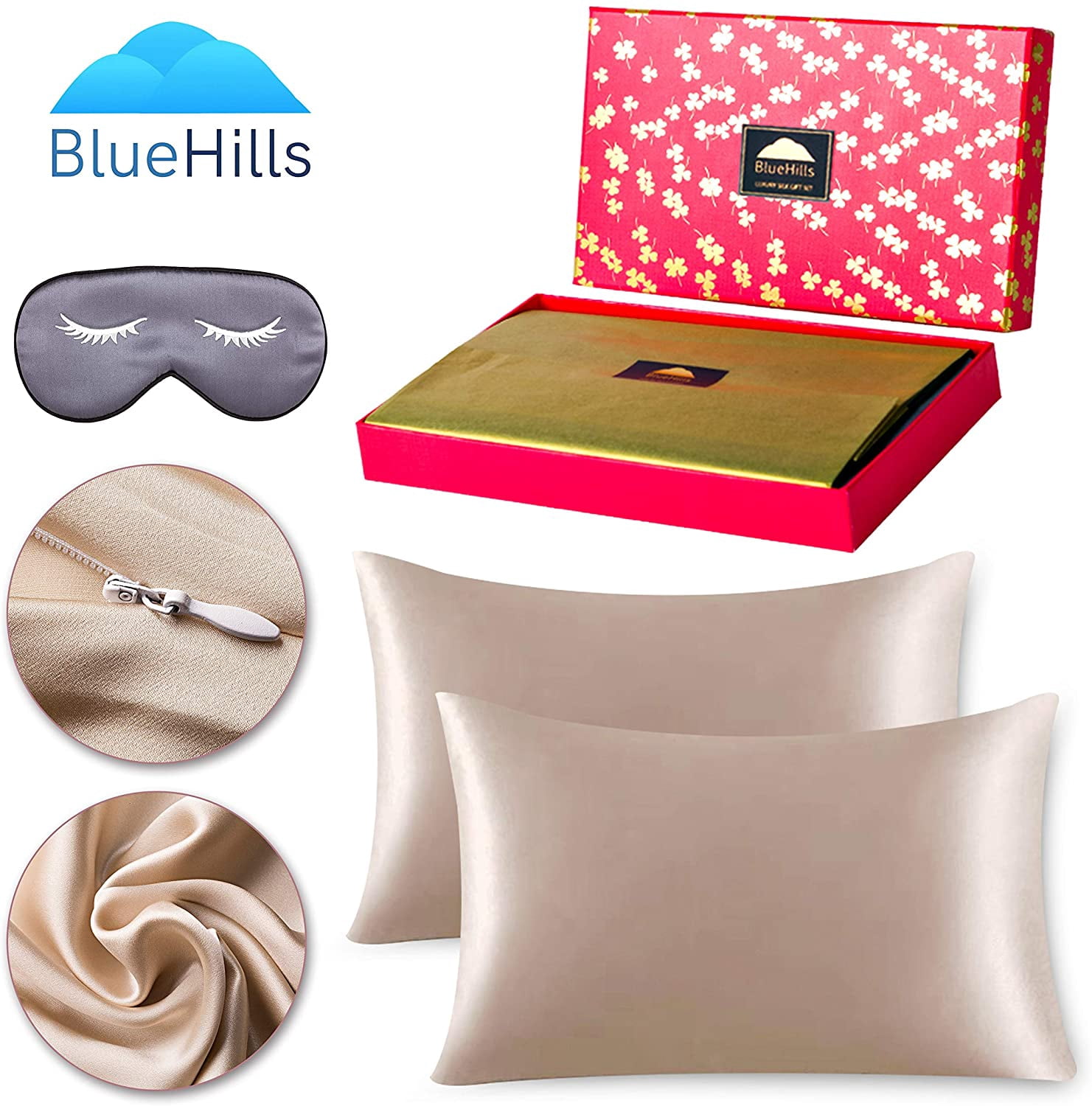 Luxury Gift Set -  Pure  Natural Soft Both Sides Silk Pillowcase 2 Pack for Hair and Skin Hidden Zipper & 1 Pure Silk Eye Mask Gift Box 3 Piece Set Bronze Gold  Size Q015