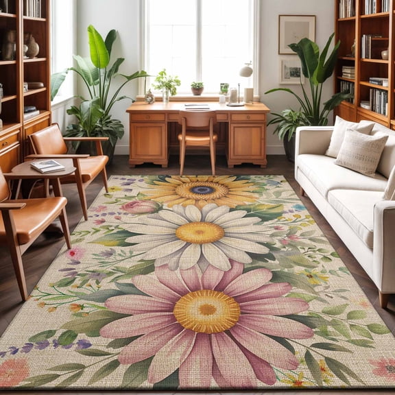 Large Area Rugs 9'x12', Vintage Daisy Floral Carpet Runner Indoor Outdoor Rugs Home Decor Aesthetic, Spring Flowers Botanical Leaves Rustic Non Slip Mats Washable Accent Rug for Living Room Bedroom