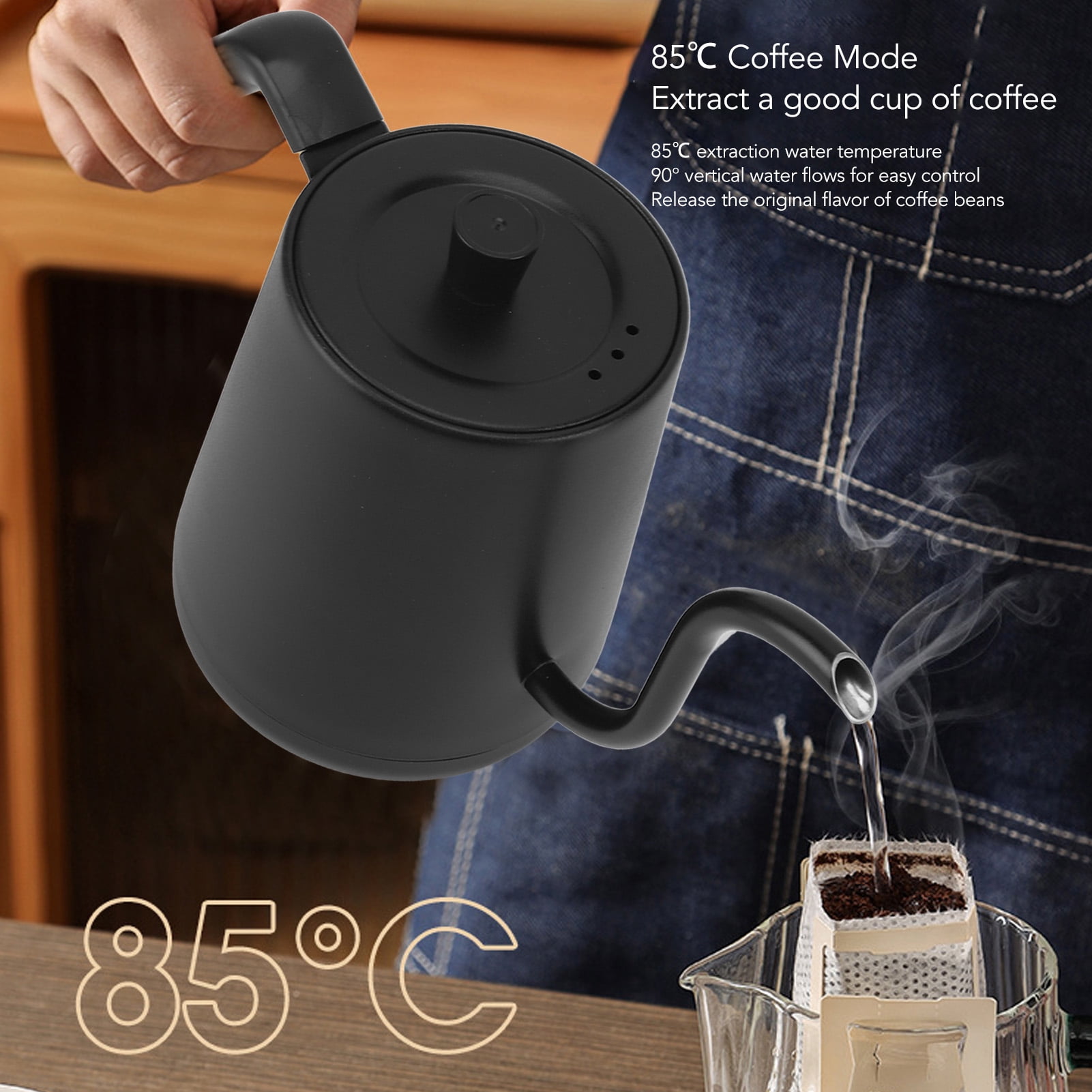 BOKYAN Electric Gooseneck Kettle 1000W for EU, 800ml / 27oz Stainless Steel Pour Over Kettle with 5 Precision Temp Controls, 220V EU Plug, Matte Black Coffee Pot