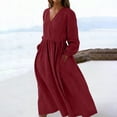 thumbnail image 1 of TaTaai Women Cotton Linen V Neck Drawstring Solid Color Dress Casual Loose Fit Breathable Machine Washable Non See-through Lightweight Versatile Daily Street Casual Wear Gift, 1 of 9