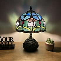 Tiffany Table Lamp Blue Purple Stained Glass Tulips LED Bulb Included Dragonfly Basefor Living Room Bedroom Bedside 10"W*14"H