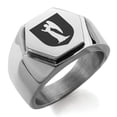 thumbnail image 1 of Stainless Steel Angel Divinity Coat of Arms Shield Engraved Hexagon Crest Flat Top Biker Style Polished Ring, 1 of 1