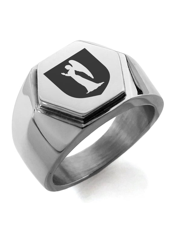Stainless Steel Angel Divinity Coat of Arms Shield Engraved Hexagon Crest Flat Top Biker Style Polished Ring
