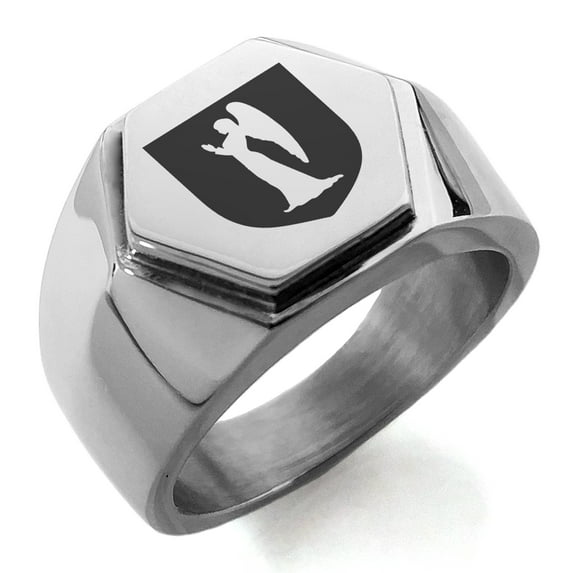 Stainless Steel Angel Divinity Coat of Arms Shield Engraved Hexagon Crest Flat Top Biker Style Polished Ring