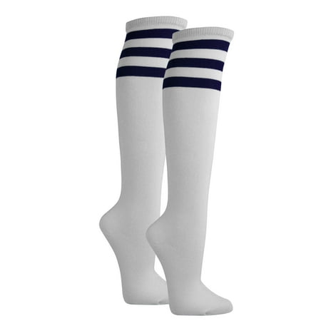 

Couver White Triple Striped Knee High Fashion Casual Tube Cotton Socks White / Navy