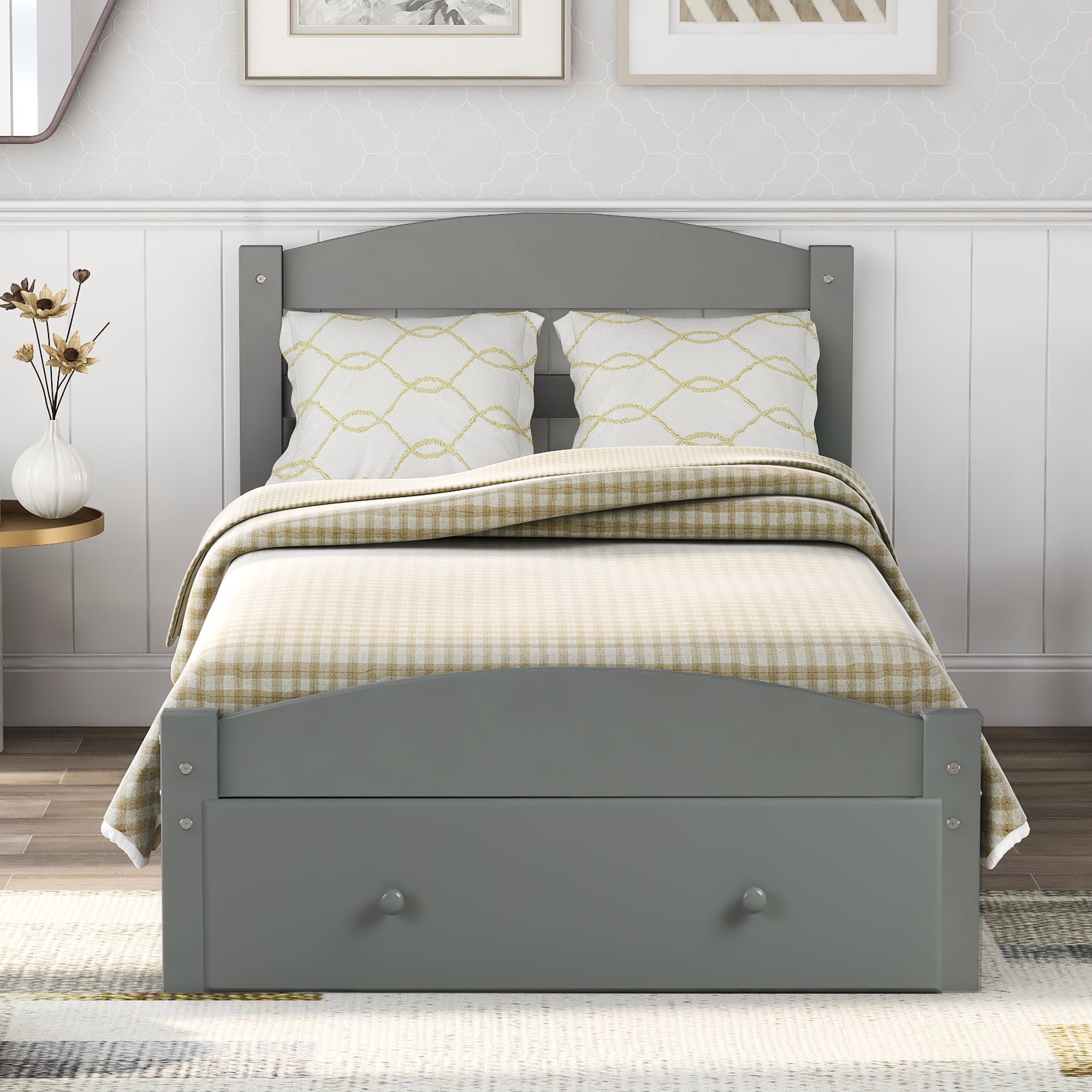 Kepooman Twin Size Modern Bed Frame with Storage Drawer, 79.5”L X 41.3”W X 36.1”H, Gray Kepooman Twin Size Modern Bed Frame with Storage Drawer, 79.5”L X 41.3”W X 36.1”H, Gray