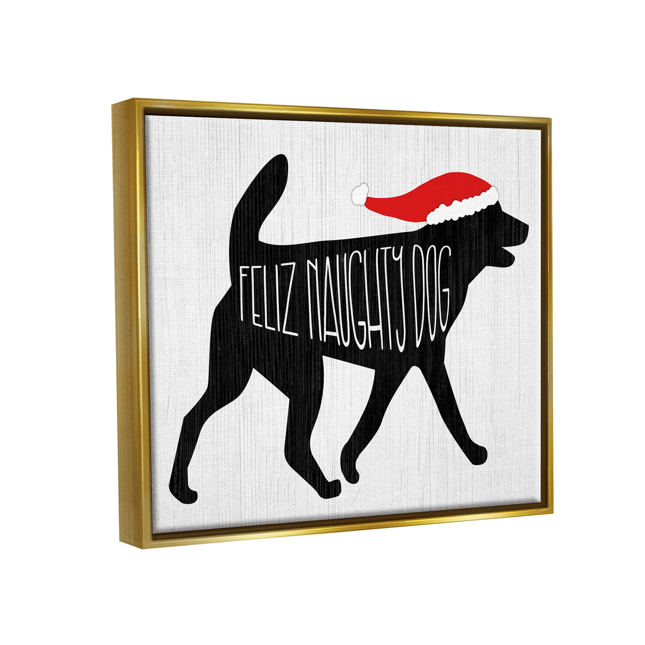 Feliz Naughty Dog Funny Pet Holiday Graphic Art Metallic Gold Framed Art Print Wall Art