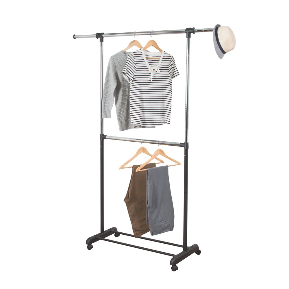 Expandable Dual Rod Garment Rack with Wheels, Chrome/Black Walmart