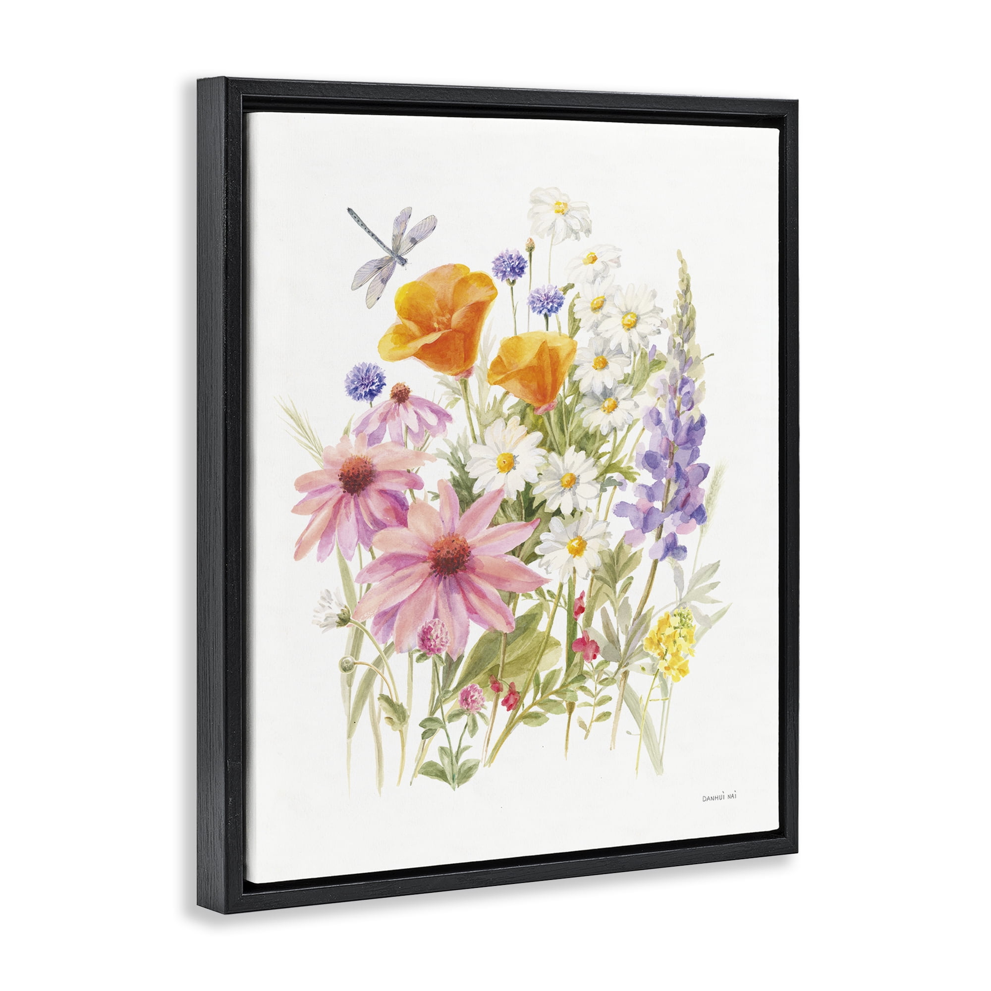 Stupell Industries Bright Flowers & Dragonfly Botanical & Floral Painting Black Floater Framed Art Print Wall Art, 17 x 21