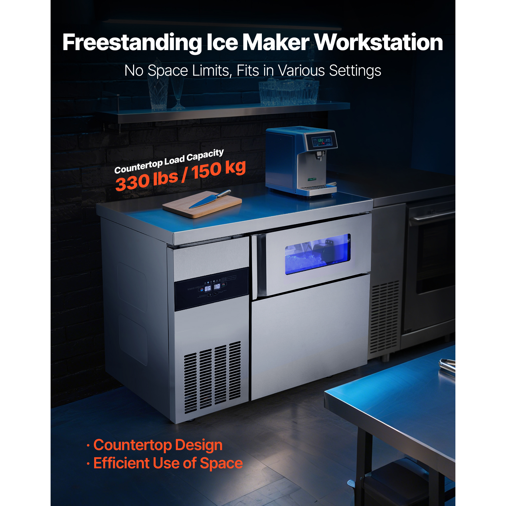KFFKFF Commercial Ice Maker Machine, 220 lbs/24H Stainless Steel Ice Machine with Countertop, 66 lbs Storage & 108 Cubes per Cycle, Self-Cleaning Freestanding Ice Maker for Home, Bar, Office
