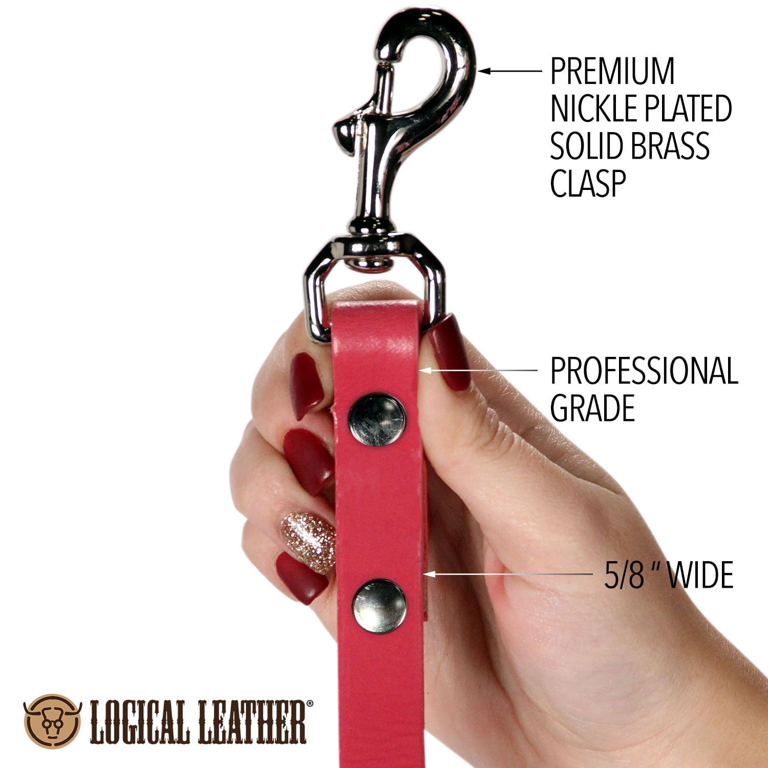 Logical Leather Dog Leash - 6 Foot Heavy Duty Full Grain Leather Lead; Best for Training - Pink