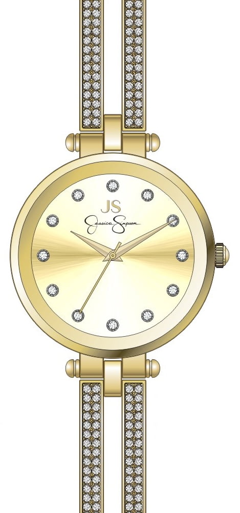 Jessica Simpson Ladies 34mm Gold Tone Crystal Accent Double Arm Bangle Adjustable Watch