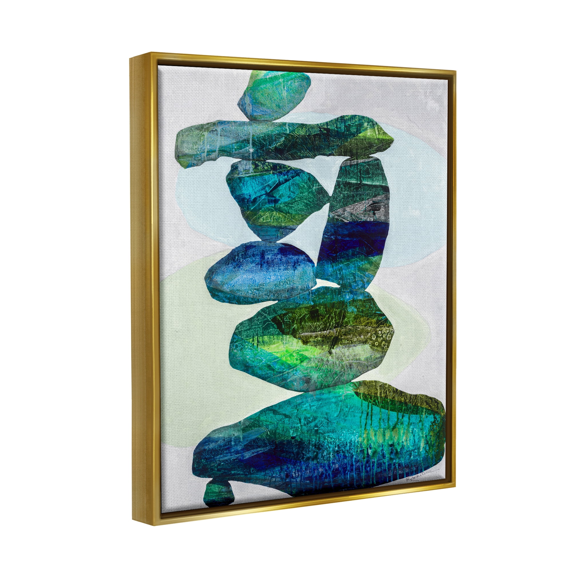 Stupell Industries Vivid Teal Stacked Zen Rocks Abstract Painting Gold Floater Framed Art Print Wall Art