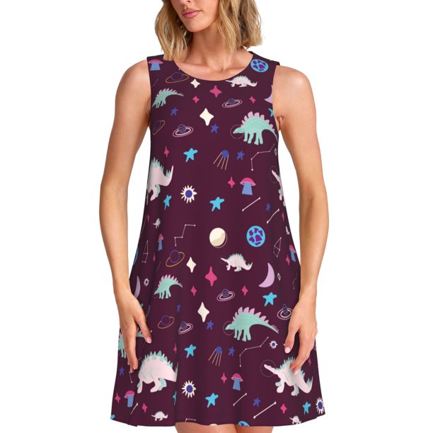 Easygdp Space Dinosaur para Vestido Transpirable de Mujer, Vestido Suelto de Manga Corta con Pliegues y Bolsillos para el Verano
