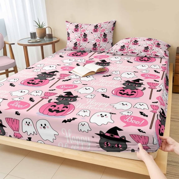 Cal.King Size Fitted Sheet Set - Cute Halloween 3 Piece Bedding Sets 16" Deep Pocket Fitted Sheet with 2 Pillowcases, Spooky Pumpkins Fall Bat Cat Witch's Hat Brushed Microfiber Hotel Bed Sheets