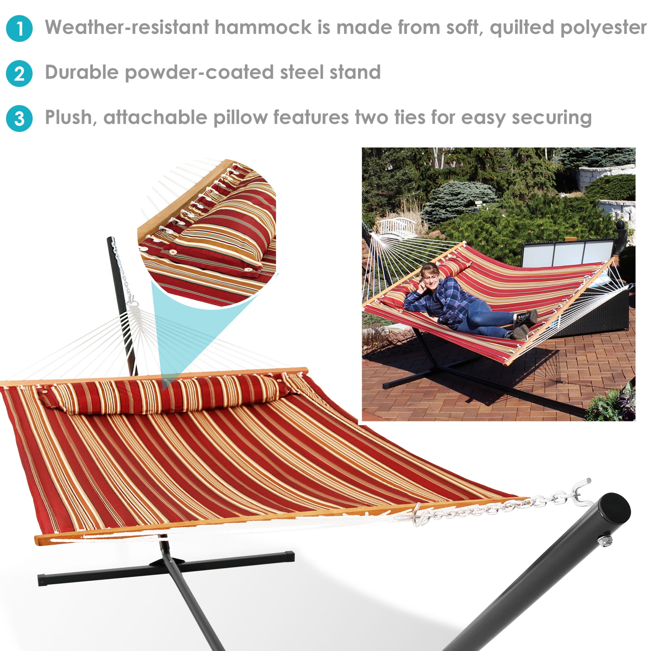 Sunnydaze 2-Person Quilted Polyester Spreader Bar Hammock with Stand, 400 lb Capacity - Red Stripe