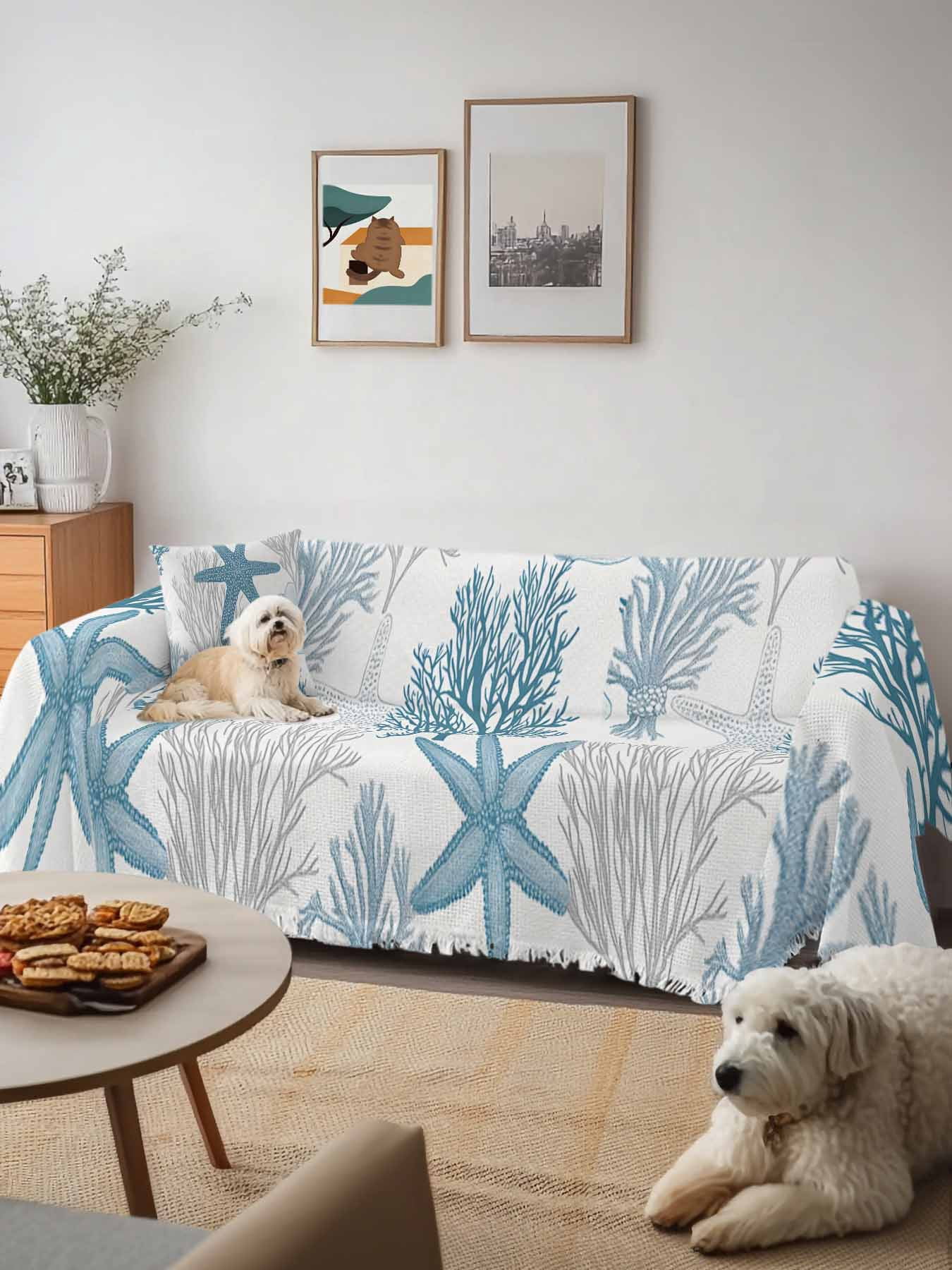 Starfish Coral Couch Cover, Coastal Ocean Seagrass Nautical Nature Sofa Cover Blanket for 3 Cushion Couch, Sectional Sofa Slipcover Furniture Protector for Living Room Bedroom 71''x134''