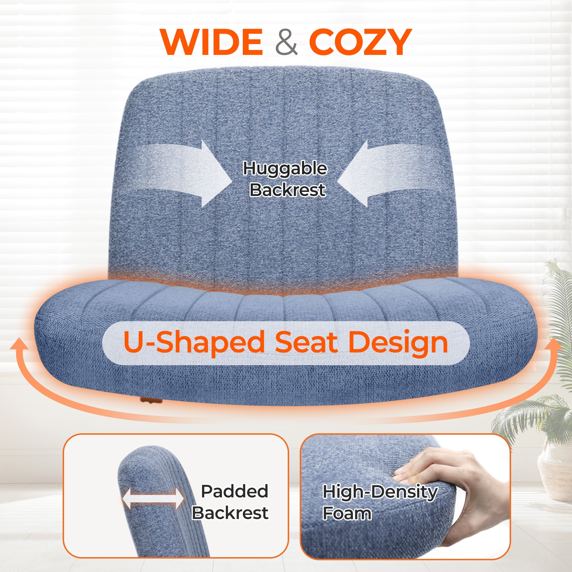 Orange Factory Criss Cross Chair Wheels Wide Cross Legged Office Desk Vanity Chair Comfy Fabric Armless Adjustable Swivel for Home Computer Task (Blue Wheel, Fabric)
