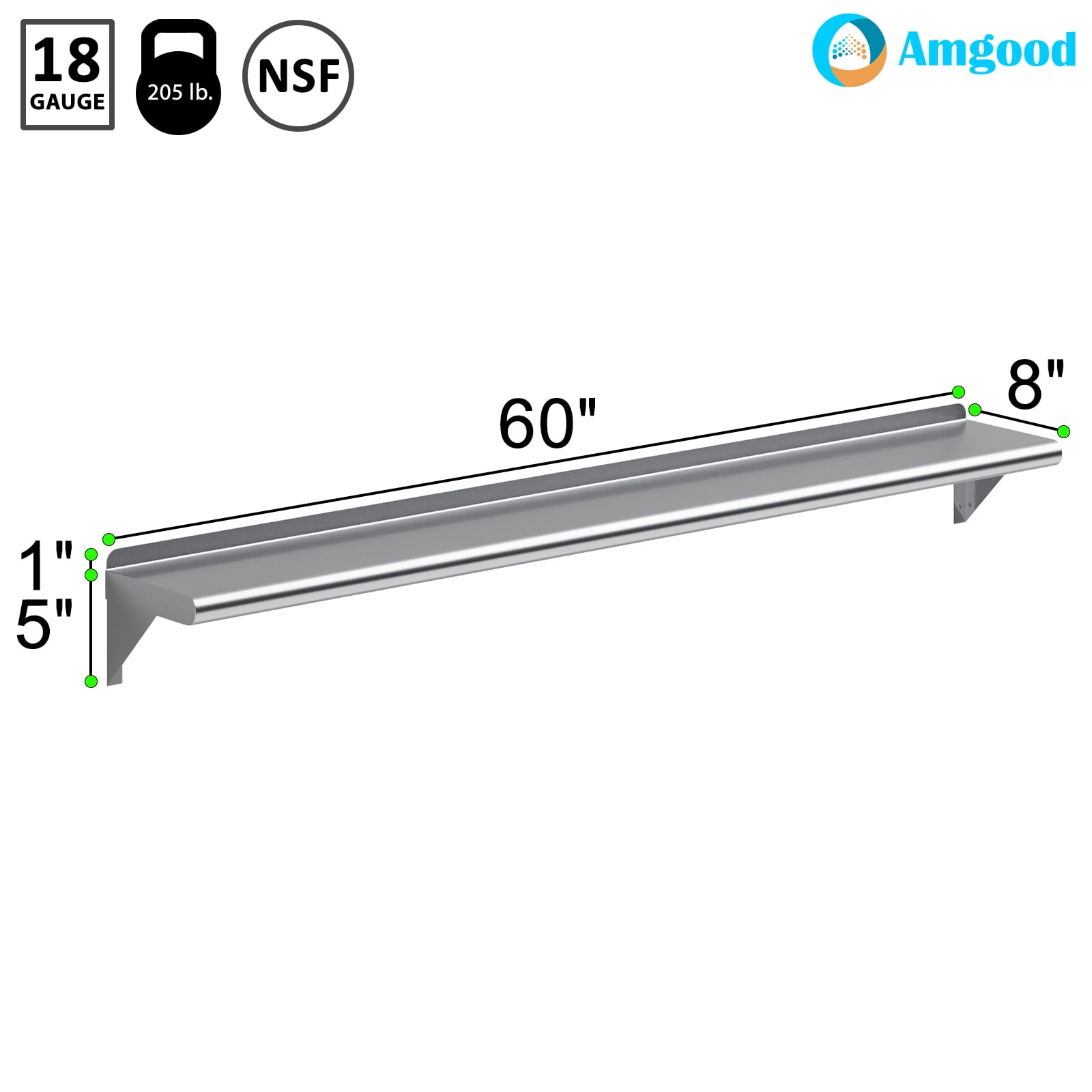 AmGood 8 in. x 60 in. Stainless Steel Wall Shelf | NSF Certified | Appliance & Equipment Metal Shelving | Kitchen, Restaurant, Garage, Laundry, Utility Room