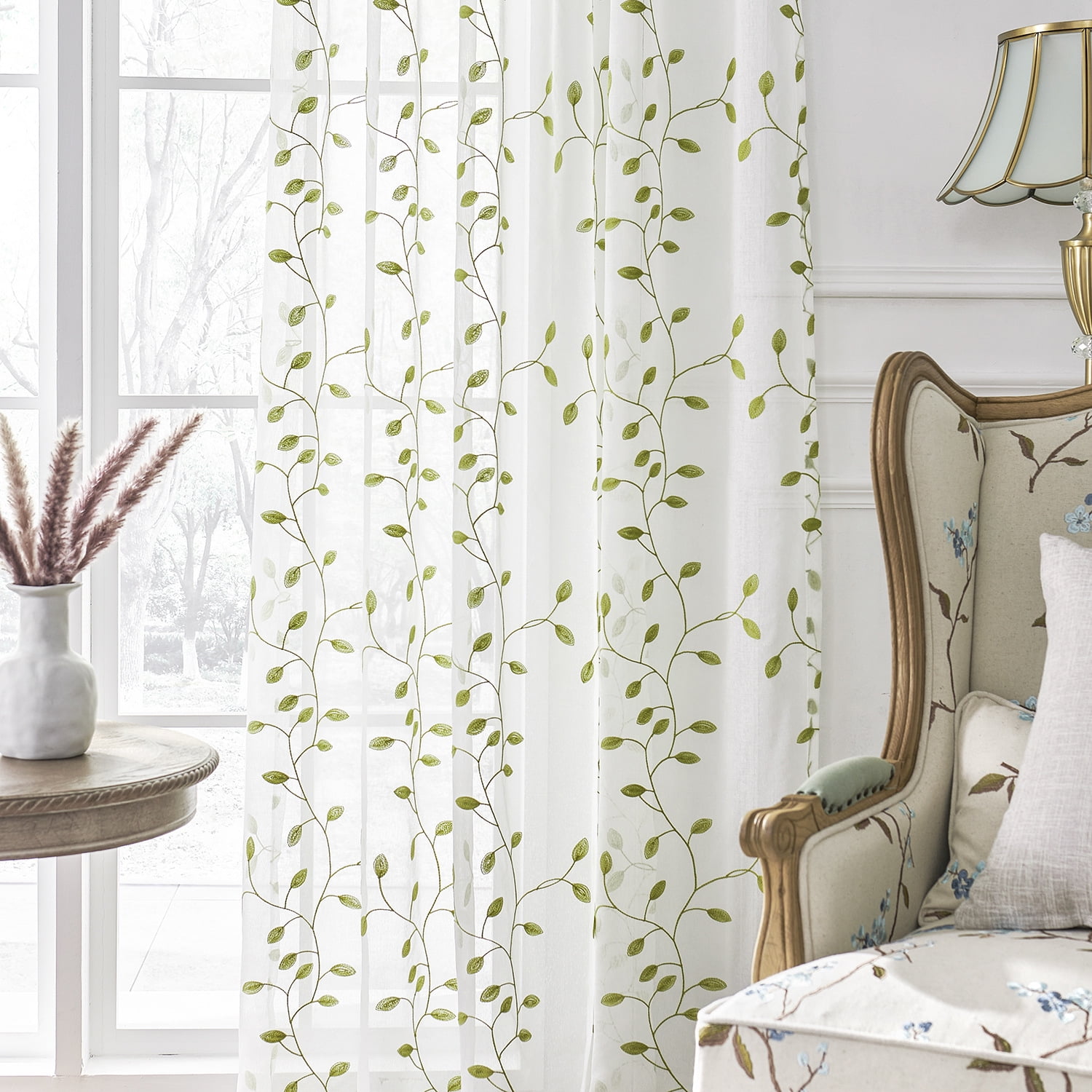 Sunyuer Green Leaves Short Sheer Curtains Green Leaf Embroidery Bedroom Curtain Rod Pocket Voile Faux Linen Embroidered Leaves Curtains for Living Room, 52W X 84L inch, Set of 2 Panels, Green