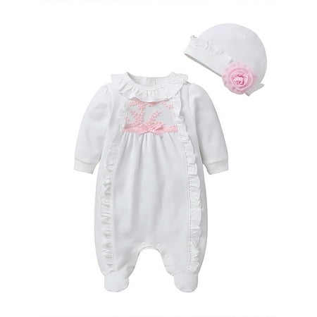 

uukiA Infant Baby Girl 0-12 Months Ruffled Footed Romper Hat Two Piece Set