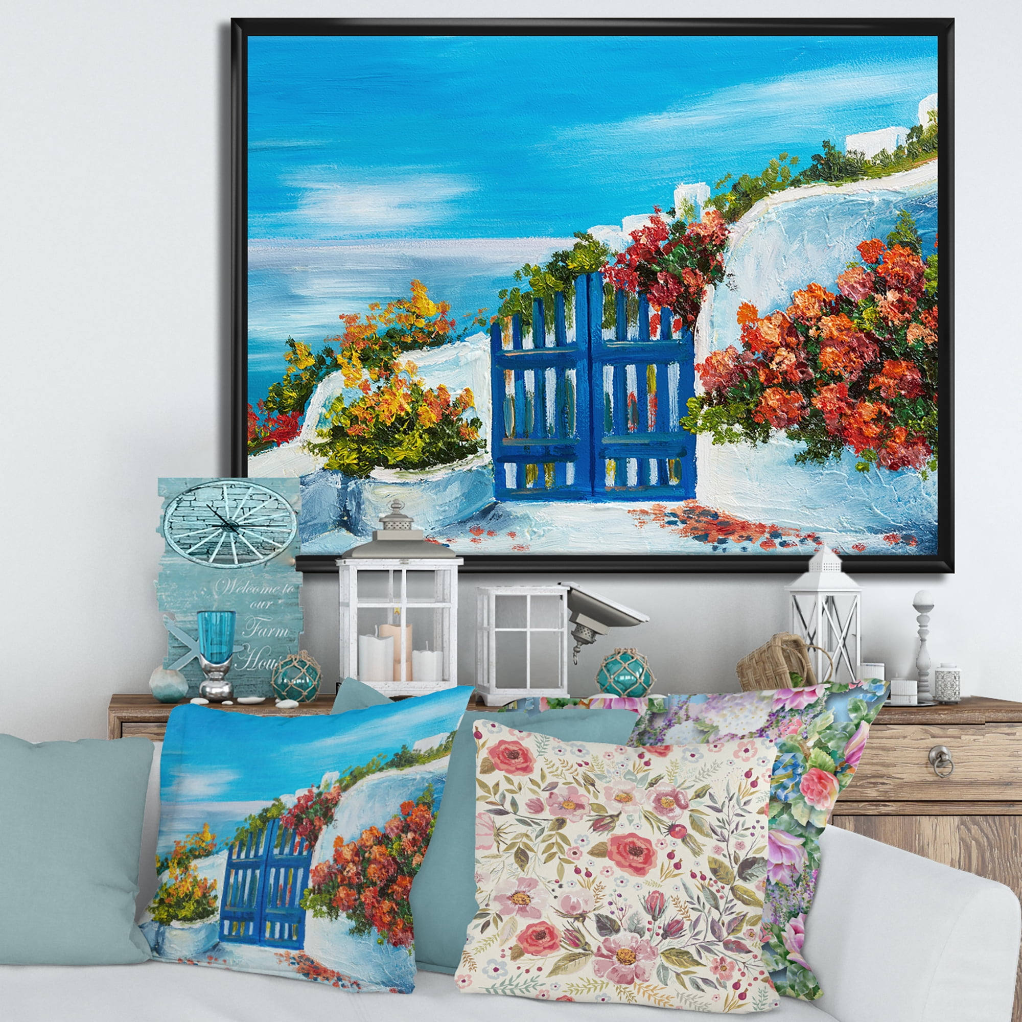 Designart 'House With Colorful Flowers Near The Sea III' Nautical & Coastal Framed Canvas Wall Art Print