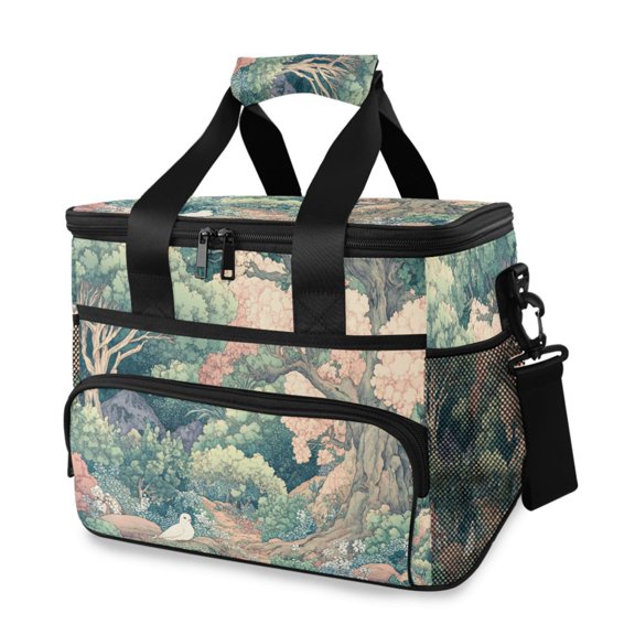 FORMRS Insulated Cooler Bag 24 Cans Capacity Soft Leakproof Lunch Box with Side Pockets, Floral Forest Pattern