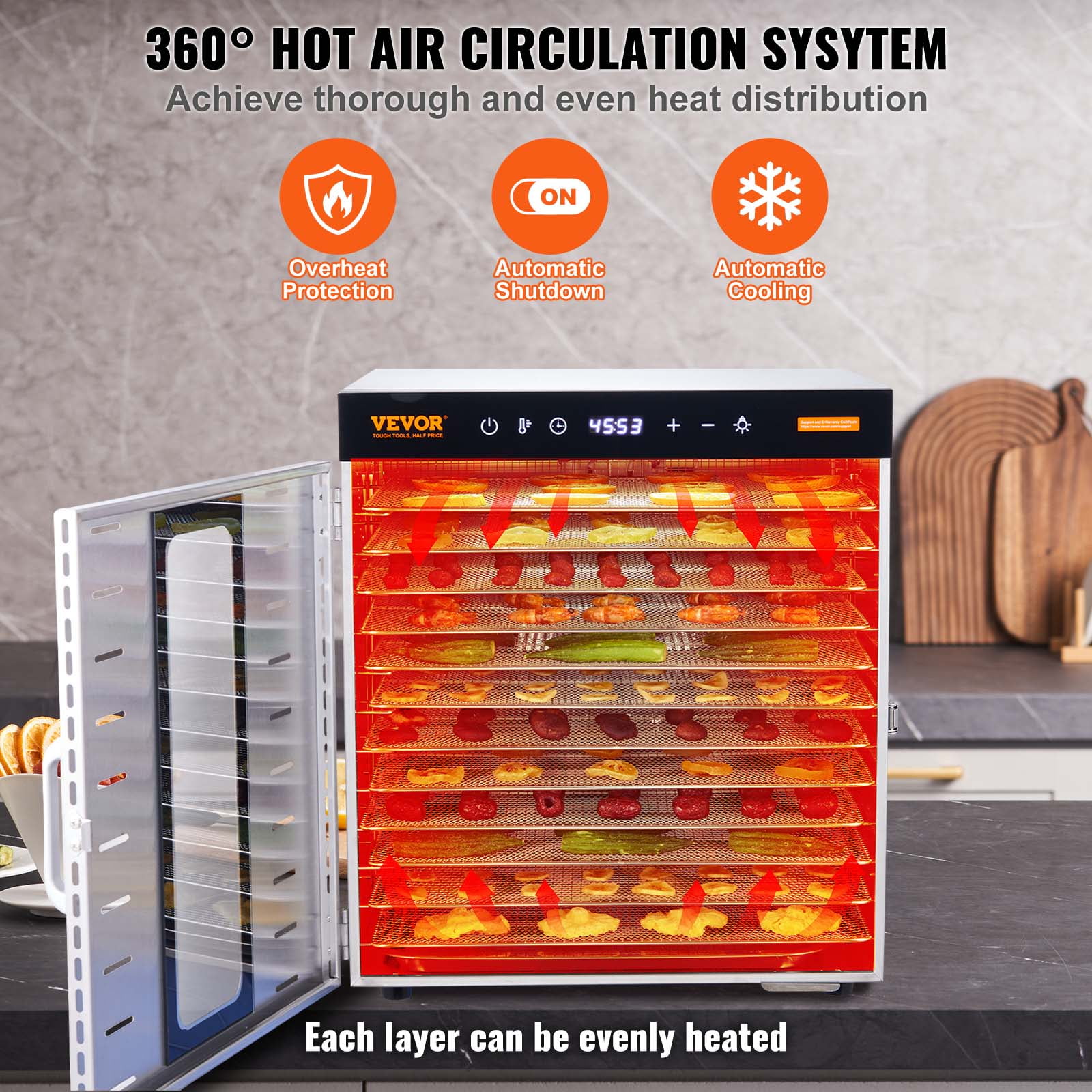 BENTISM 6 Trays Food Dehydrator Machine Stainless Steel 700W Jerky Fruit  Drying 