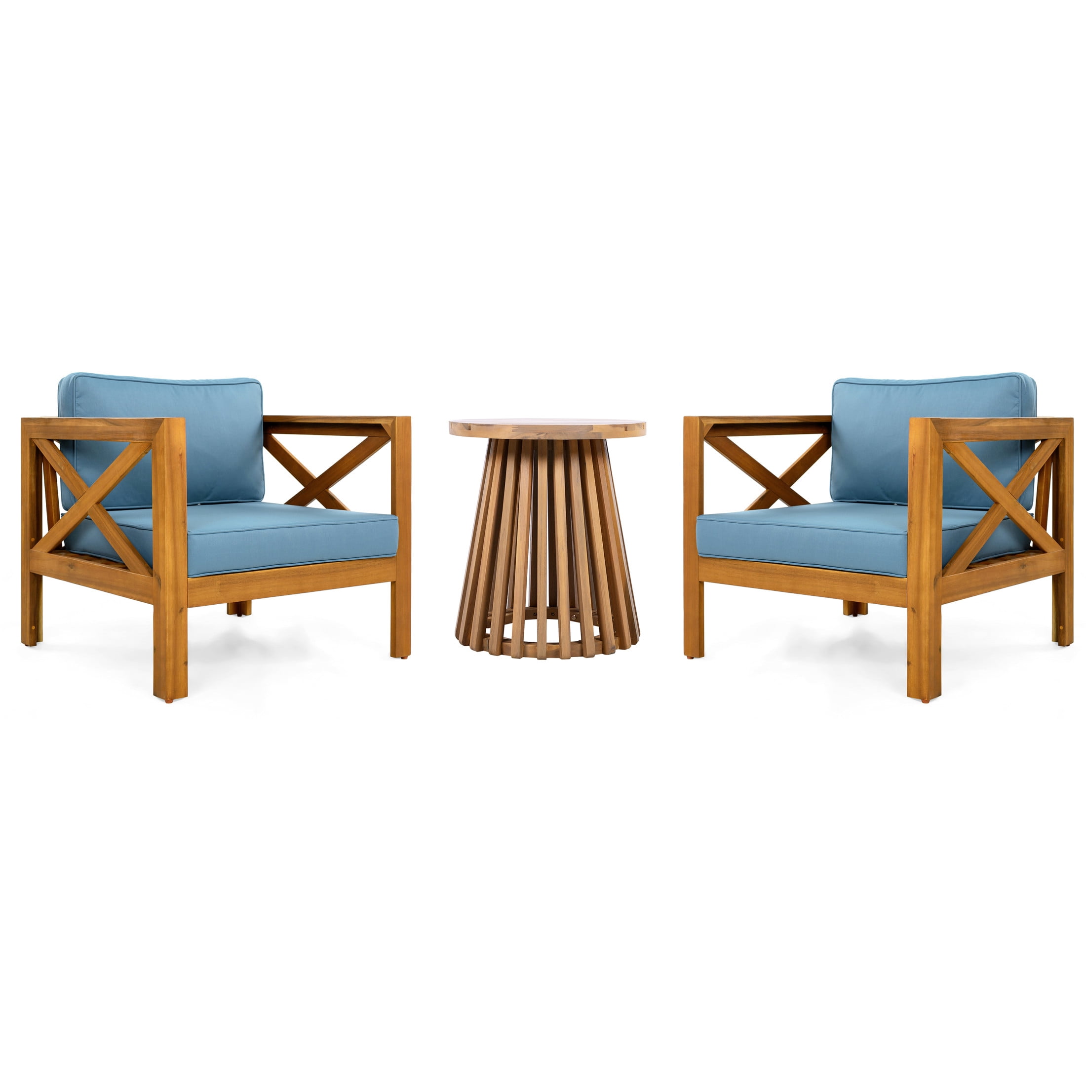 Christopher Knight Home 3-Piece Outdoor Wood Bistro Set, Armchair with Round Side Table, Blue Cushion