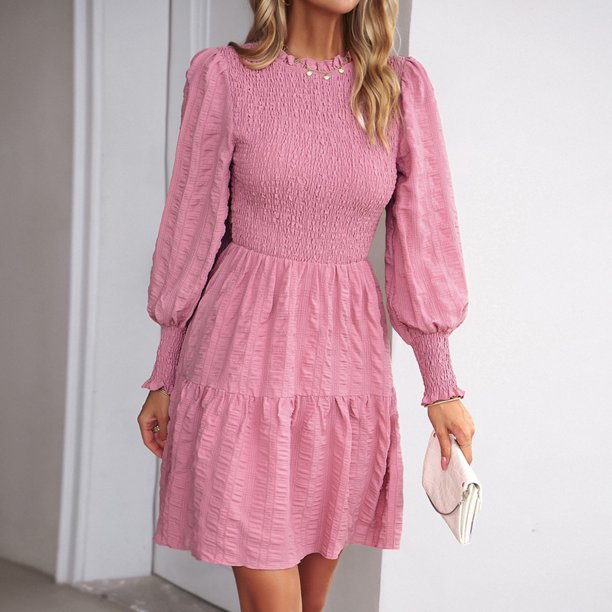 Vestido De Manga Farol Vestido fluido para mujer, jersey, vestido corto Vintage, cintura alta, ropa de trabajo diaria para mujer Ygjytge Rosa L para Mujer