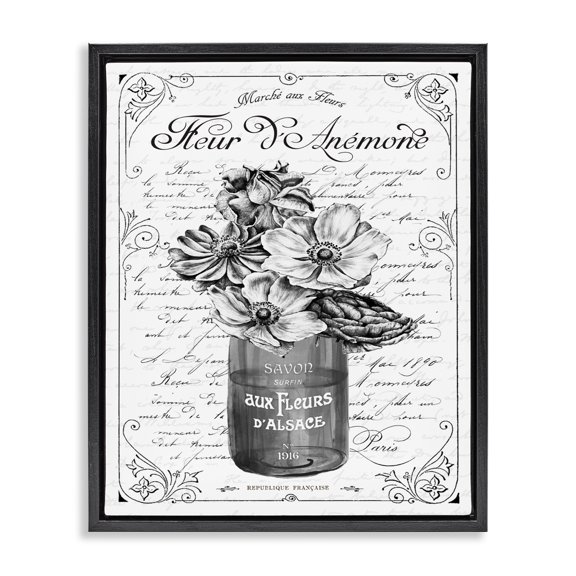 Stupell Industries Shabby Chic Anemone Flower French Text Fancy Floral Border Black Floating Frame Canvas Art, 17 x 21, by Lettered and Lined