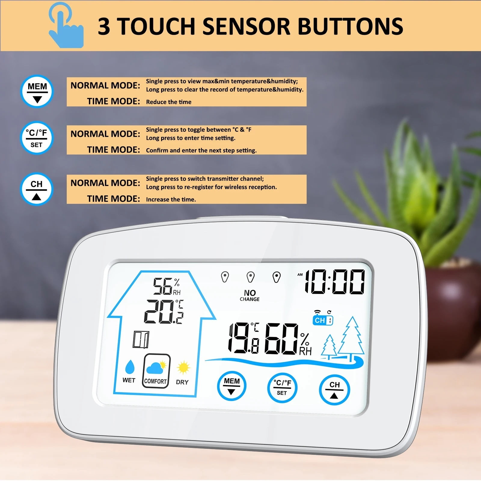 Backlight Touch Screen Digital Weather Station Smart Temperature and Humidity Meter Weather Clock Temperature Humidity Detection ,High Precision