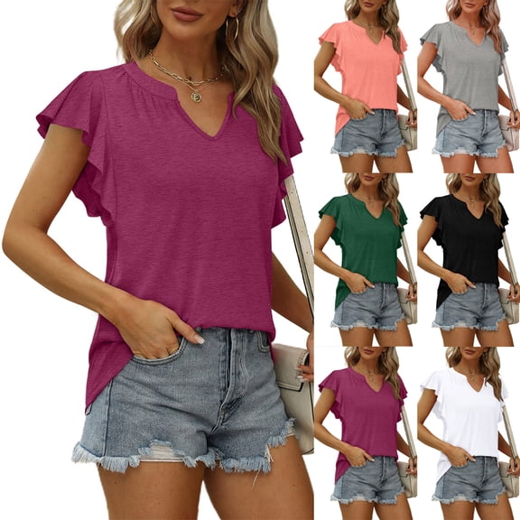 safuny Women's Trendy Loose Basic Tops Solid Tops Ruffle Sleeve Tees Notch Neck Shirts Elegant Casual Vintage Clothing Fashion Summer Pink L