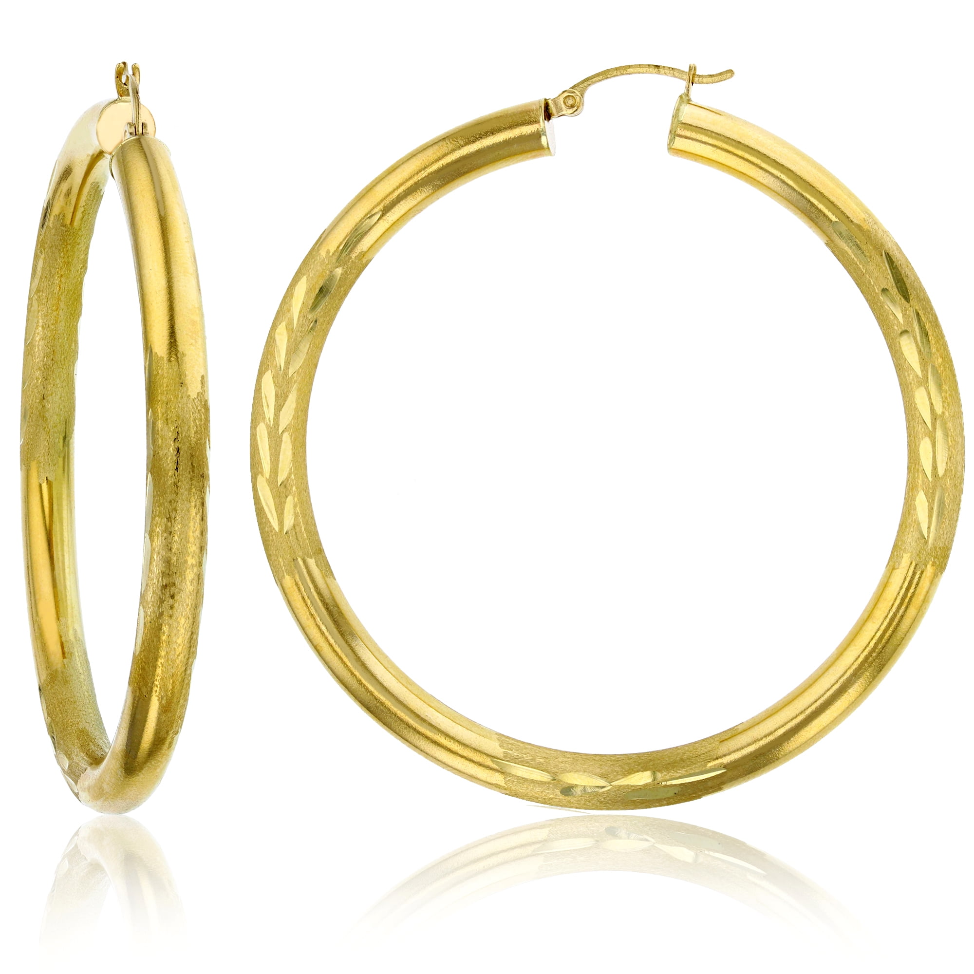 Womens Solid 14K Yellow Gold Oval Diamond Cut Hoop Earrings