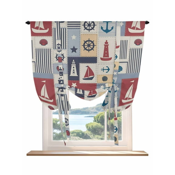 Nautical Ship Tie Up Curtains for Windows 45 Inch Length Balloon Curtains Kitchen Adjustable Balloon Window Shade Blue Coastal Sailboat Lighthouse Anchor Tie Up Bathroom Curtain Window 52"x45"