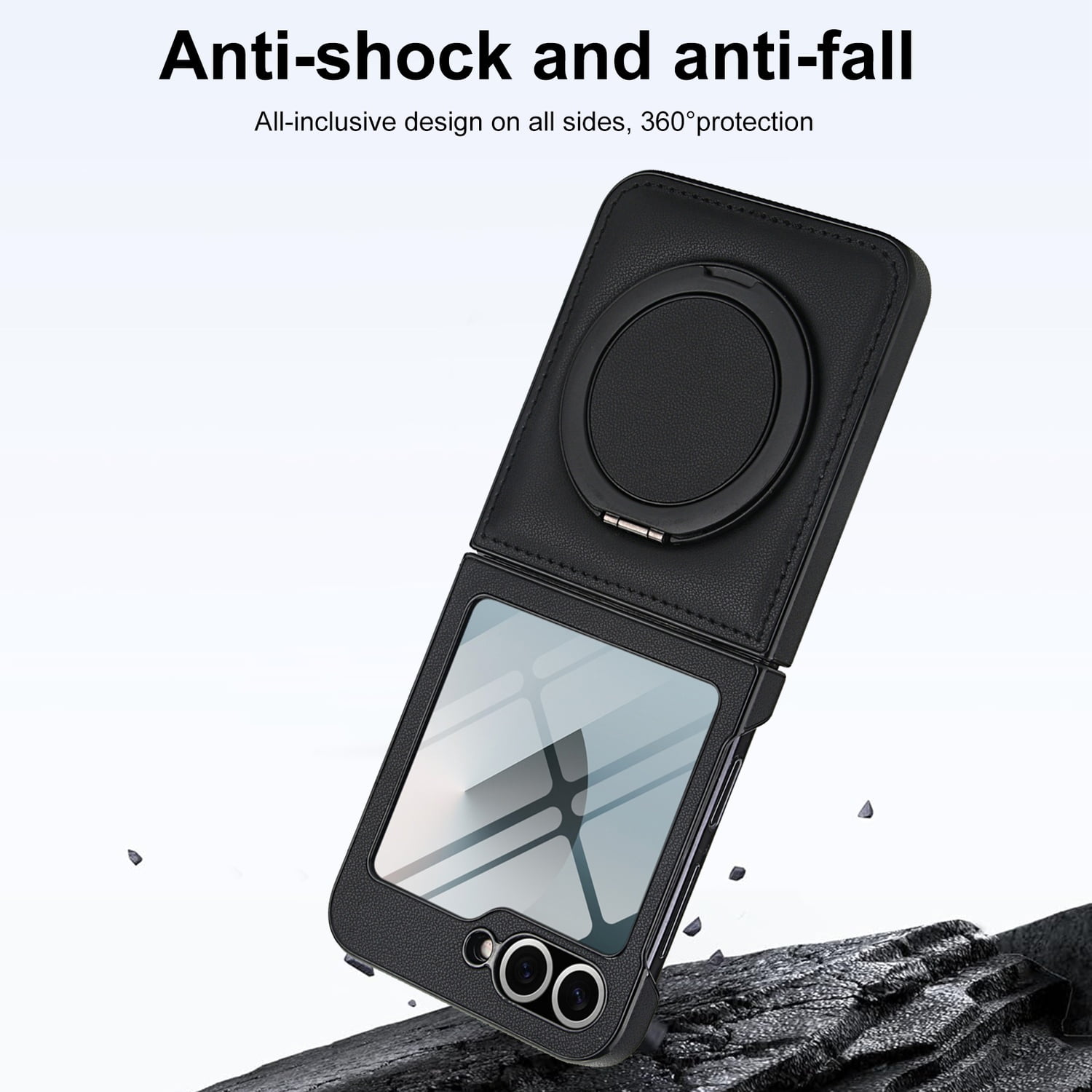 Compatible with Samsung Galaxy Z Flip 7 Phone Case,Built-in Screen Protector,360° Rotatable Ring Kickstand,Compatible with Mag-Safe,Anti-Scratch Leather Shockproof Rugged Phone Case,Black