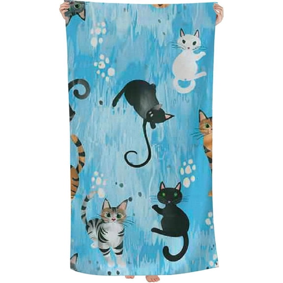 PHYHOO Kids Bath/Pool/Beach Towel, Cute Cat Set Oversized Quick Dry Microfiber Beach Towel Cat Pattern Lightweight Sand Free Towel Super Soft & Absorbent for Travel Swimming Sports 30x60in