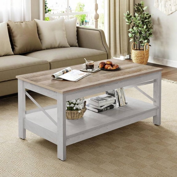 2-Tier Modern Industrial Coffee Table with Storage Shelf - Wood Accent, Thicker Legs & Sturdy Frame Cocktail Center Table for Living Room