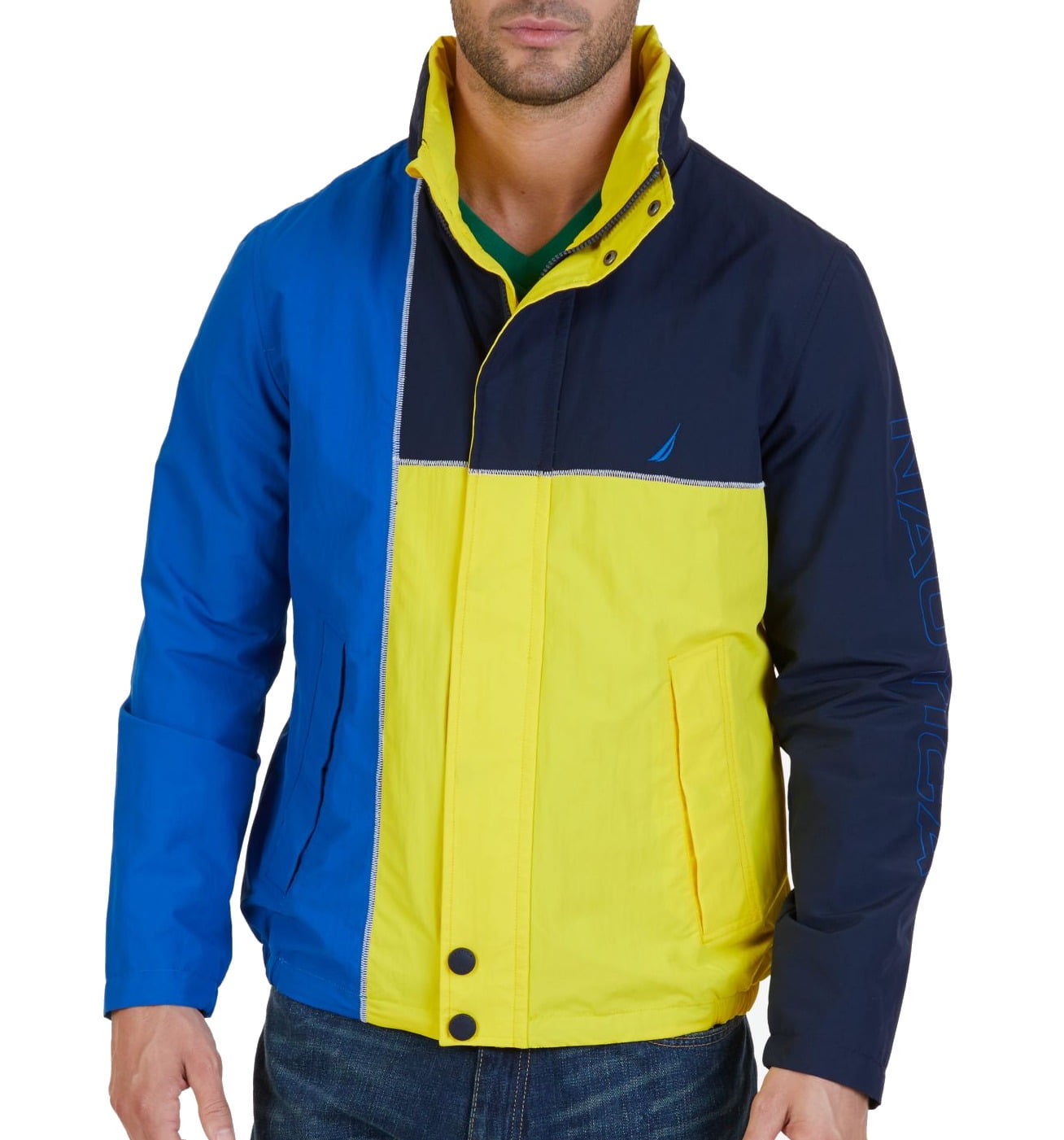 Nautica NEW Yellow Blue Mens Large L Colorblock Windbreaker Jacket