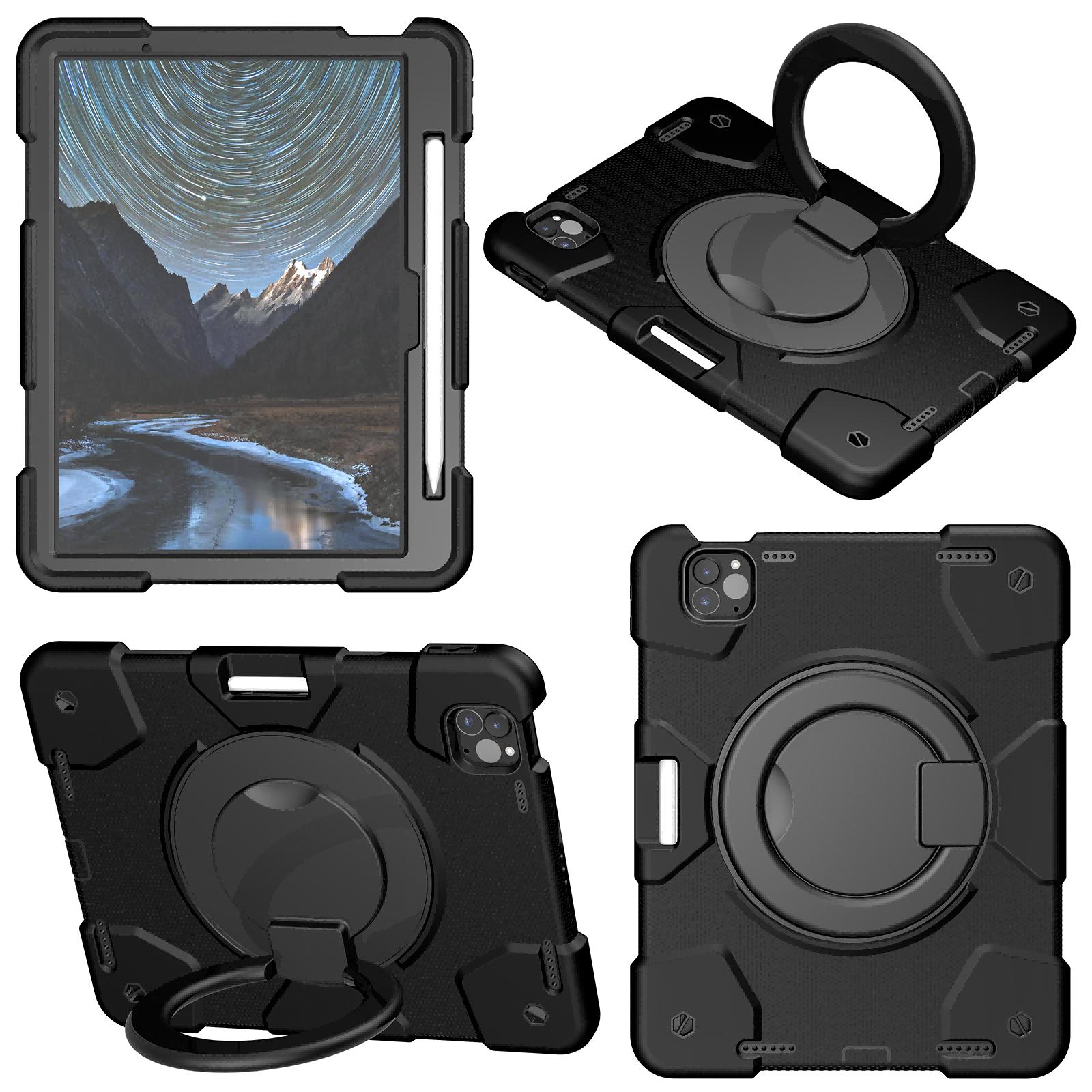 ELEHOLD Military Grade Shockproof Case For Apple iPad Air 11 (2024), Heavy Duty Protection Ring Stand Cover, Adjustable Angel, Detachable Shoulder Strap, Pencil Holder, Blacck